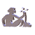 A sequence of pixelated silhouettes showing a seated figure with flowing hair holding a staff topped with a flower, transitioning through various poses and angles.