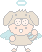 Pixel art animation of a cartoon angel character with blonde pigtails, blue wings, and halo in two frames showing slight pose differences.
