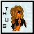 Pixel art icon of a stylized female character with long brown hair, orange skin, and black jacket against light blue background with vertical text "THUG" on left.