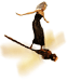 A woman in a black dress stands on a brown insect-like creature with large white wings, arms outstretched against gray background.