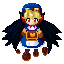 Pixel art character with blue hat, red eyes, black wings, and brown boots holding a wooden box.