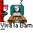 Pixelated animation of two figures in a drive-thru window with text bubbles and repeated 'Viva la Bam' text below.