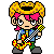 Pixel art character with yellow checkered hair, pink side bangs, blue jacket, green pants, and black boots playing a red-yellow-black electric guitar against gray background.