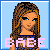 Pixelated female character with long brown hair and blue eyes, wearing a blue top, against light blue background with pink text.
