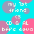 Pixelated icon with cyan background, pink and purple circles, and white text reading 'my 1st friend', '<3', 'CD & AL', 'bff's 4eva' repeated in a pattern