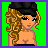 A 4-frame pixel art contact sheet showing a cartoon female character with curly blonde hair, black beret, and revealing outfit against green background, including full-body view, torso detail, legs/purse, and name text.