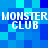 Pixelated blue background with repeated white text "MONSTER MONSTER CLUB" in two