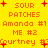 Yellow background with orange pixelated text and red plus signs arranged in a pattern, displaying names and numbers
