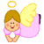 Pixelated angel icon with golden halo, yellow wings, pink dress, and brown hair against gray background.