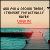 A static image of a wooden pier extending over water with text above it, featuring a small black heart symbol that changes position across observations.