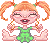 Pixelated cartoon character with orange pigtails and green dress, smiling with closed eyes in two side-by-side frames showing hair movement.