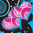 Pixelated pink and white spiral shapes on a blue and black background with white lines.
