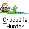Pixel art animation of a character with blonde hair and brown clothing holding a green plant, interacting with a green crocodile on a gray background with blue water and green grass.