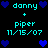 Pixelated cyan text and blue hearts on black background, two identical side-by-side layouts with repeated names and dates.
