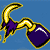 Pixelated icon of a golden curved object with purple accents against a solid blue background.