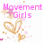 Pixelated pink text 'Movement Girls' and 'Tap On' above golden heart shapes with star accents on white background.