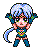 Pixel art character with light blue hair and dark blue outfit holding a yellow star, shown in multiple poses including static stance, star-holding, and lightning effects.