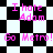 Pixelated text on a black-and-white checkered background with alternating patterns of squares and diamonds.