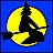 A pixelated yellow and black circular icon with a blue background, featuring a stylized witch silhouette with a pointed hat and broomstick.