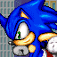 Pixelated close-up of a blue anthropomorphic hedgehog with green eyes, orange muzzle and inner ears, white gloves, and gray shoes against a grid-patterned background.