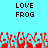 Pixelated text 'LOVE FROG' appears twice on a cyan background above red and gray pixel art shapes.