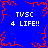 Blue background with red pixelated border and central starburst, four identical white text blocks reading 'TVSC 4 LIFE!!' in corners.