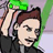 Pixelated cartoon character with brown hair and dark clothing, holding a green object above their head against a light purple background.