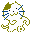 Four pixelated cat-like figures with white bodies, green accents, and blue whiskers in various poses against a gray background.