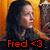 Pixelated image of a person with long dark hair against warm orange background, red text "Fred <3" at bottom.