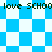 Blue and white checkered pattern with repeated text 'love SCHOO' in dark green pixelated font across the top and bottom.