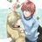 Pixelated static image of two anime-style characters embracing, one with red hair and blue shirt holding a green object, the other in beige clothing against light teal background.