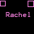Pixelated text 'Rachel' appears in multiple styles and colors with square outlines on black and gray backgrounds.