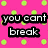 Pink background with green polka dots, black text blocks reading "you cant break we are rock soild" and "Rachel and maddy", grayscale image of a shark fin on the right.