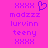 A static pixel art image with a bright pink background, displaying purple text and symbols arranged in two vertical