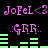 Pixelated text and green bar graphs on black background with repeated 'JoFeL<3' and '.GRR:' in pink, two distinct animation states.