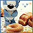Animated pixel art of a blue cartoon character with black eyes and mouth, standing behind donuts on a white surface.