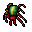 Pixelated creature with green-yellow body and red limbs, shown in two poses against gray background.
