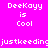 Pixelated text displays 'Deekayy is Cool' and 'justkeeding' across four color backgrounds in a