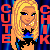Pixelated image of a blonde woman with blue eyes and black eyeliner, wearing a blue top with black accents, standing against a dark blue striped background with red text on both sides.