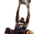 A basketball player in a black jersey with red trim holds a ball above their head, captured from two slightly different angles.