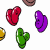 Five pixelated icons on white background: red heart, purple bean-shaped icon with smile, green cactus-like shape, brown circular face, and yellow circle.