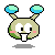 Pixelated character with light green head, two blue-green antennae, white eyes, pink cheeks, and a white tongue sticking out, shown in four variations with different eye and mouth positions.