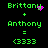Green pixelated text on black background shows 'Brittany + Anthony = (3333)' with pink particle effects near names.