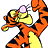 Tigger from Winnie the Pooh in a pixelated style, orange with black stripes and yellow belly, holding a pink object above his head.