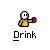 Pixel art icon set showing a character with a white face and yellow shirt holding a red object, with one variant featuring a red battery and yellow hand, and another with a speech bubble reading YUM!