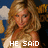 A pixelated image of a woman with long blonde hair wearing a white dress, with text below her head.