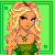 Pixel art of a blonde woman in green attire with white shorts, holding a basket and wearing high-heeled sandals.