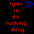 Red pixelated text on black background reads 'tyler is so fucking sexy' with a blue heart symbol above the text.