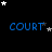 Black background with blue 'COURT' text repeated in three , white and gray stars scattered across the scene