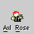 Pixelated character with red mushroom cap, green hair, black outfit, and white accents on a gray background.